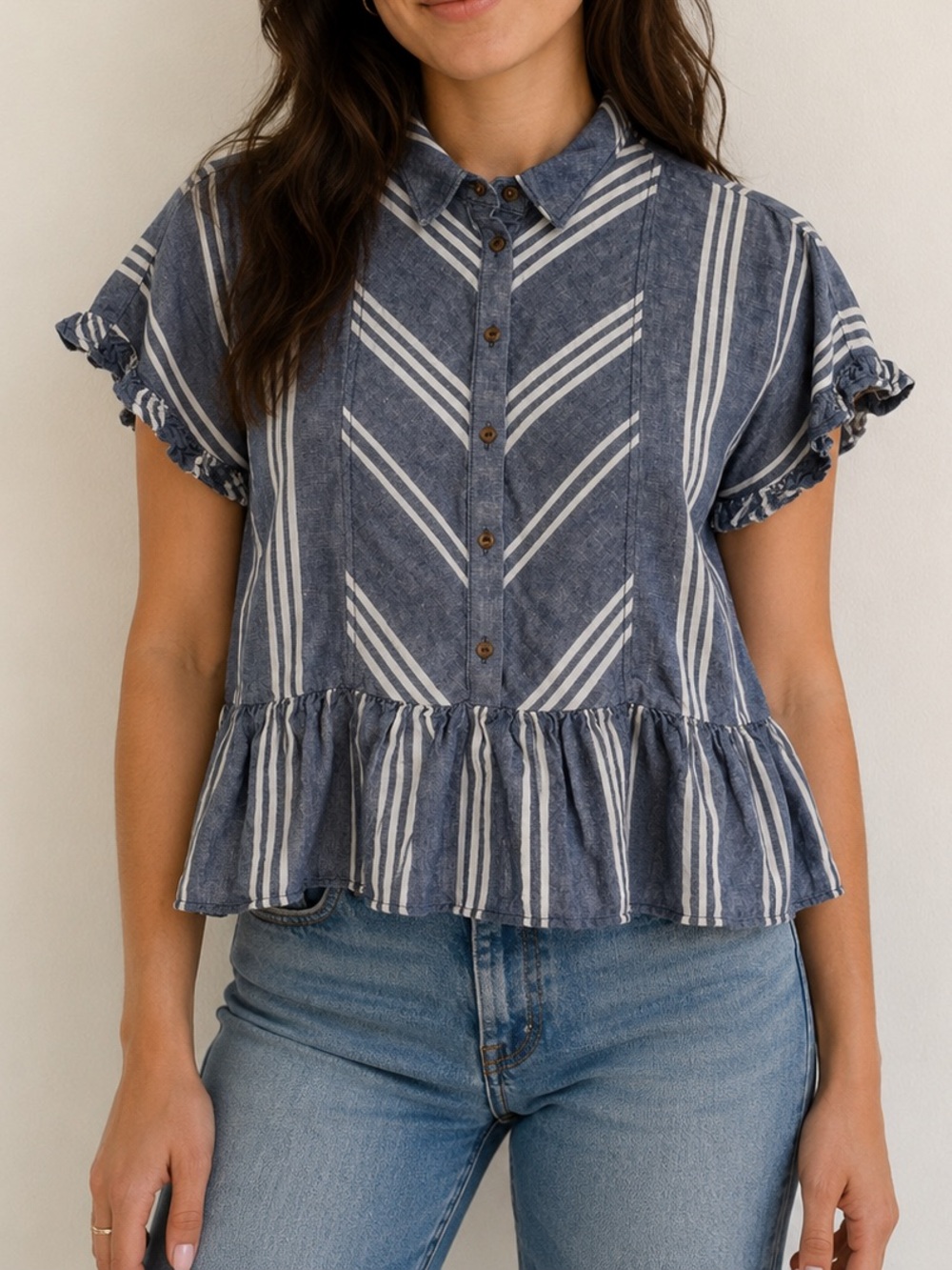 Maeve Linen Blend Blue Striped Peplum Blouse XS